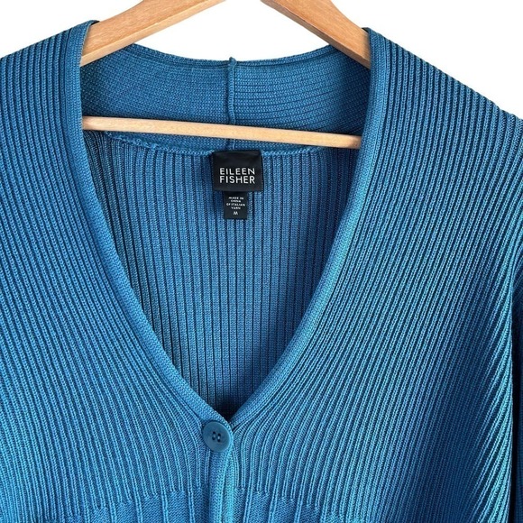 Eileen Fisher Merino Wool Ribbed Single‎ Button Cardigan in Teal, Size Medium - Picture 2 of 12